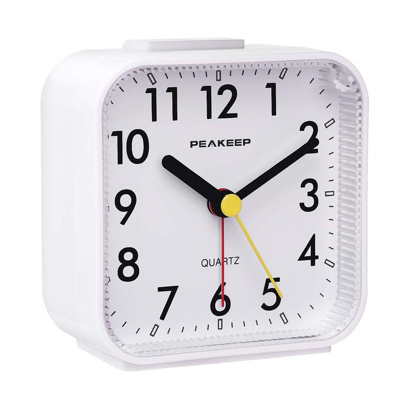 Peakeep Small Battery Operated Analog Travel Alarm Clock Silent No Ticking  Lighted on Demand and Snooze  Beep Sounds  Gentle Wake  Ascending Alarm  Easy Set (White) - Image 2